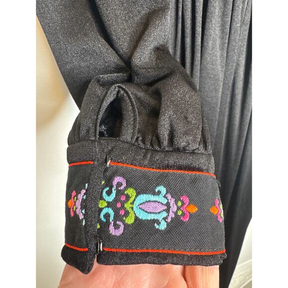 1970s Domino Fashions Black Maxi Dress with Folk Embroidered Trim USA made small - Picture 10 of 14